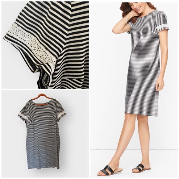 NEW TALBOTS COTTON LACE TRIM SHIFT DRESS - SOLEIL STRIPE PLUS - Picture 1 of 9